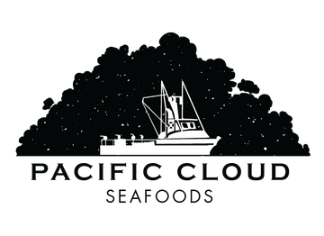 Pacific Cloud Seafoods Logo. White commercial fishing vessel in side black cloud. Kodiak, Alaska based vessel.